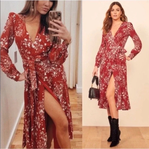 Reformation red floral wrap crepe midi dress WORN ON TV NEW - Picture 9 of 16